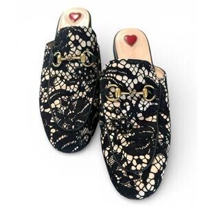 Gucci Princetown Black Nude lace horsebit slip on mules flats Authentic Size 36